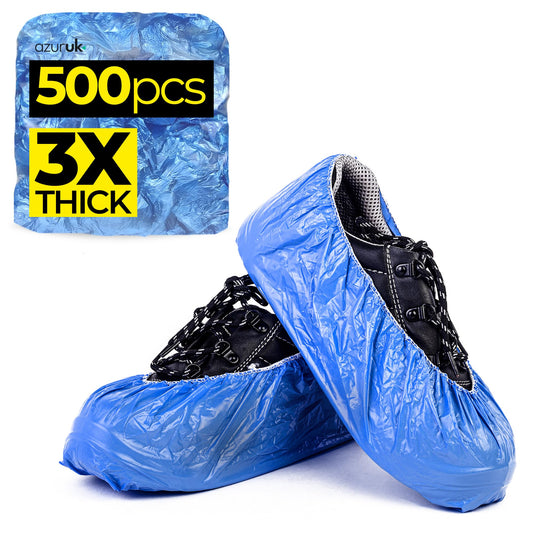 Shoe Covers - 500pcs Disposable Overshoes, 3x Thick, Reusable Shoe Cover, Waterproof Blue Overshoe, Mudproof and Thick (3xThick / 250Pairs)